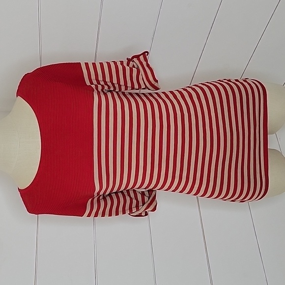 COLDWATER CREEK small red & tan striped 1/2 sleeve cotton sweater - Picture 1 of 5